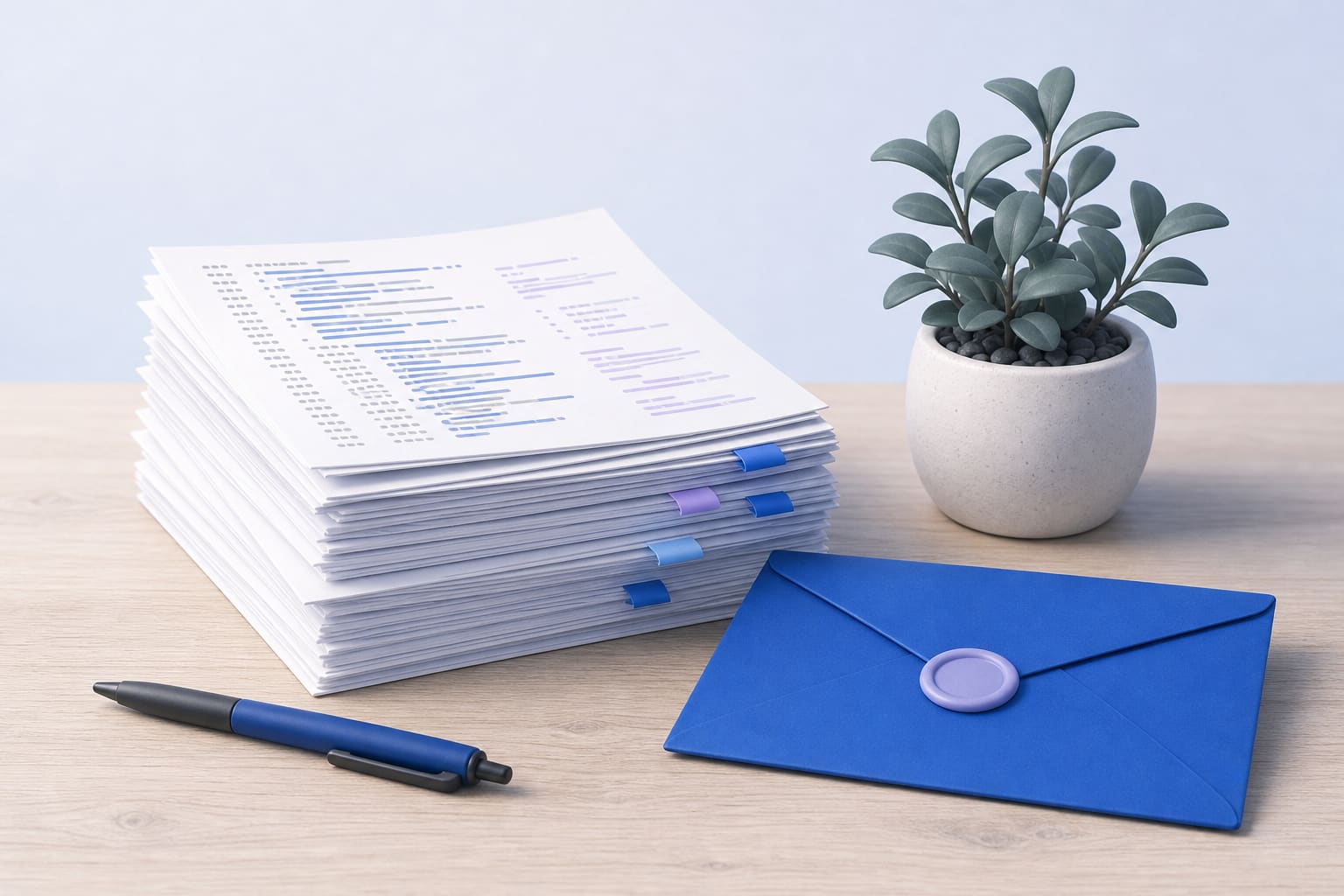 Printed system logs stacked beside a sealed envelope on a desk, symbolizing remote log collection