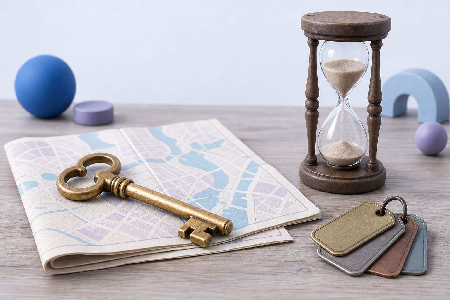 Brass key, map, labeled metal tags, and hourglass on a wooden table representing changing root keys and timing