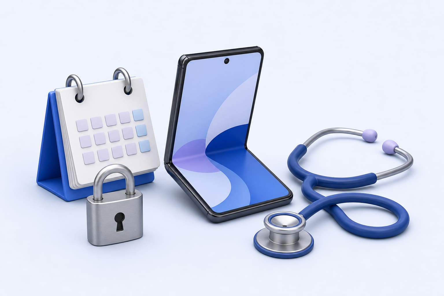paper smartphone with calendar, lock and stethoscope representing updates, security and health features