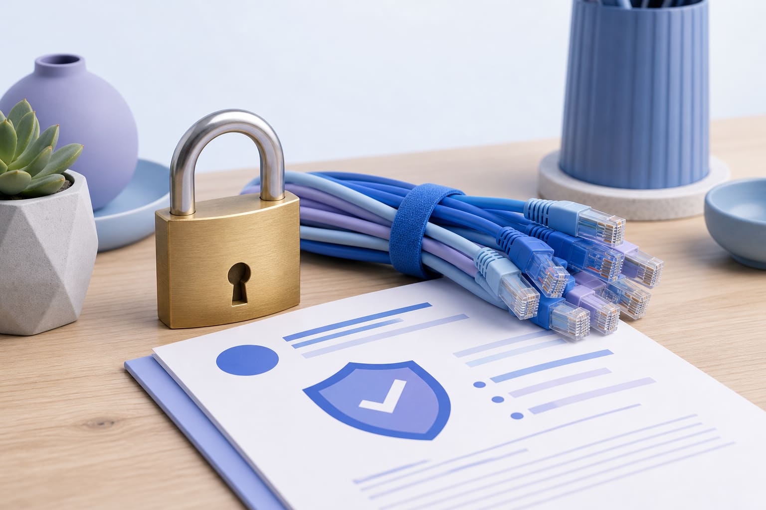 Padlock next to network cables and a printed security update bulletin on a desk