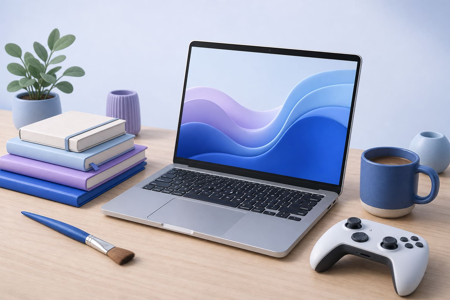 Laptop with notebooks, paintbrush, and gaming controller on a desk, symbolizing development, creativity, and gaming