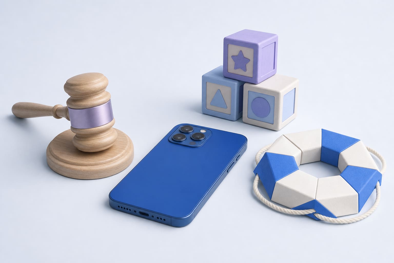 Smartphone beside a small gavel, children's blocks, and a paper life preserver on a table