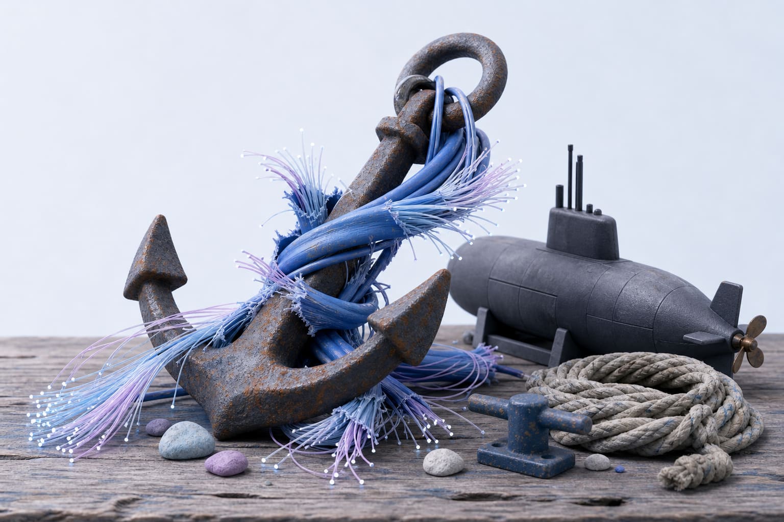 Frayed fiber-optic cable wrapped around a rusted ship anchor beside a model submarine and coiled rope