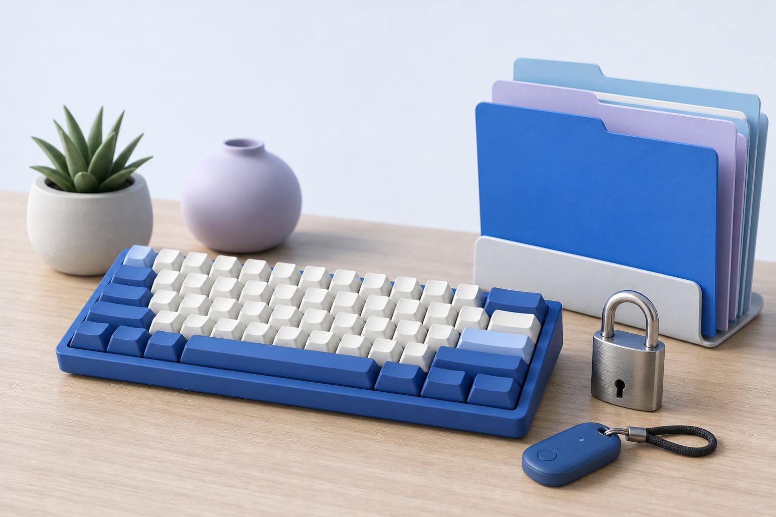 Keyboard with padlock, Bluetooth key fob, and stacked file folders on a desk