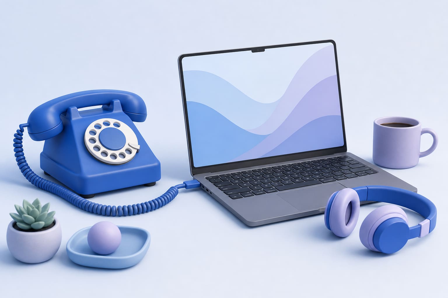 Vintage phone connected to a laptop with headphones and a coffee mug on a desk