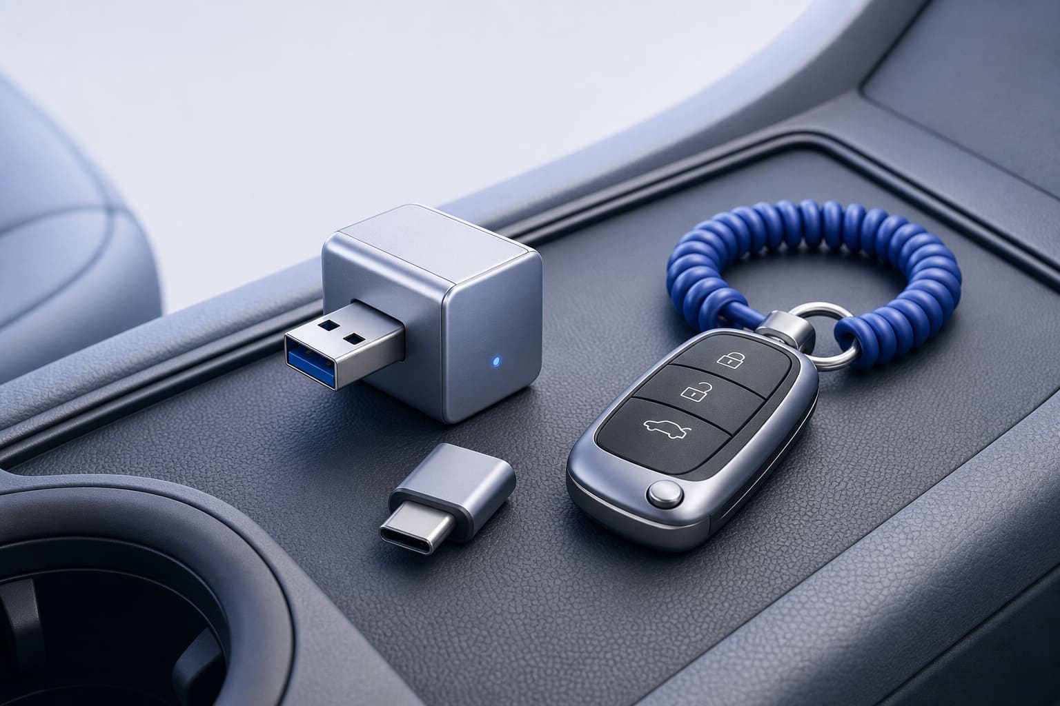 Aluminum USB dongle, USB-C adapter, and car key fob on a car center console