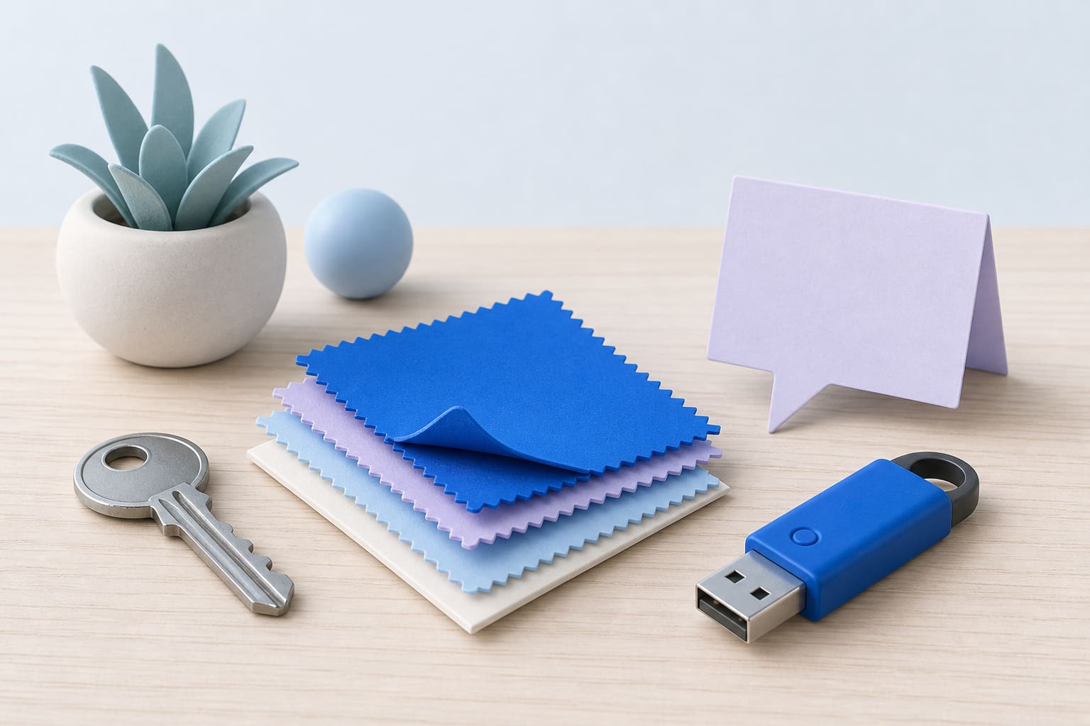 Paper patches, metal key, paper comment bubble, and USB drive on a wooden desk