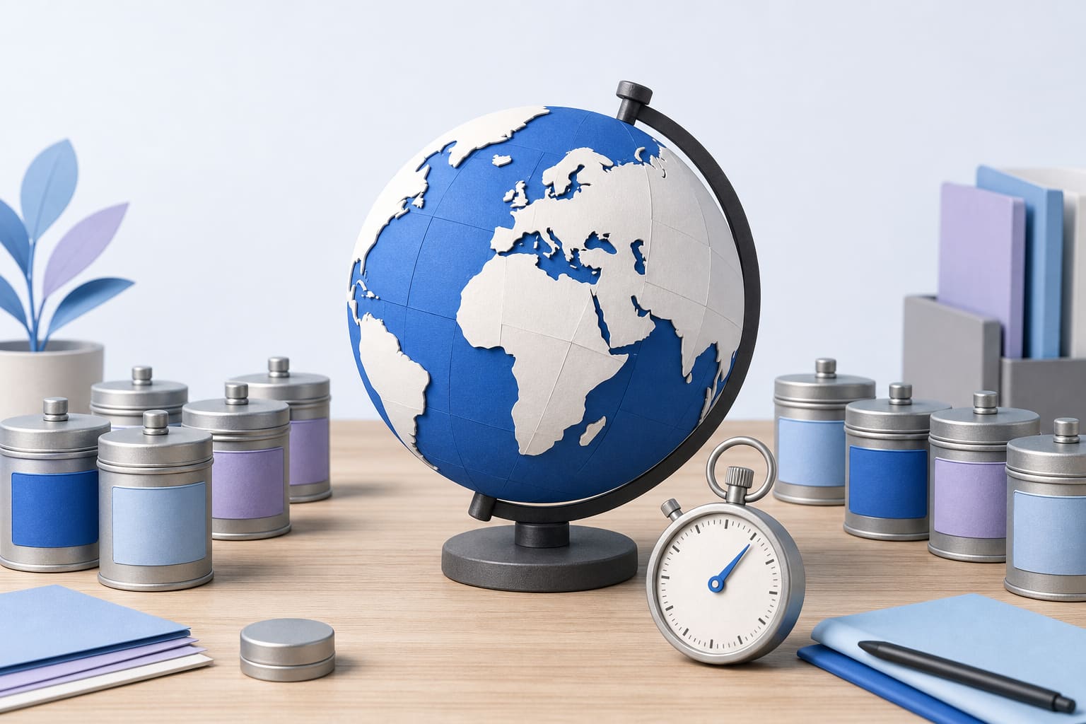Paper globe surrounded by labeled canisters and a stopwatch, suggesting global data replication and speed